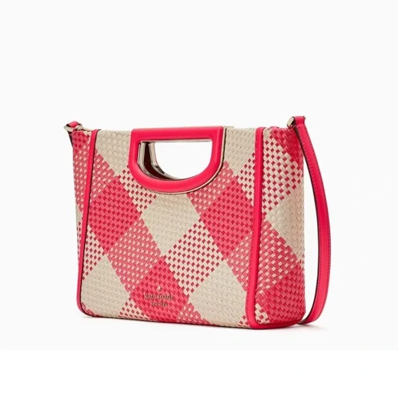 KATE SPADE Pink & White Plaid Gingham Alexia Woven Clutch Crossbody Bag